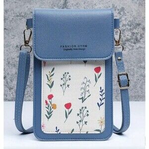 Fuax leather blue crossbody  purse cellphone bag with flower designs